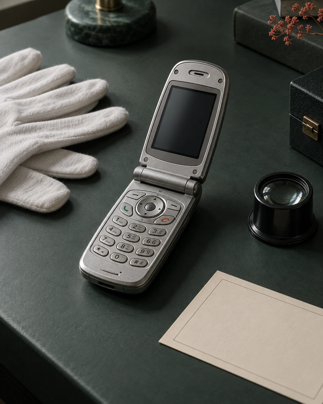 A vintage flip phone being catalogued for the collection